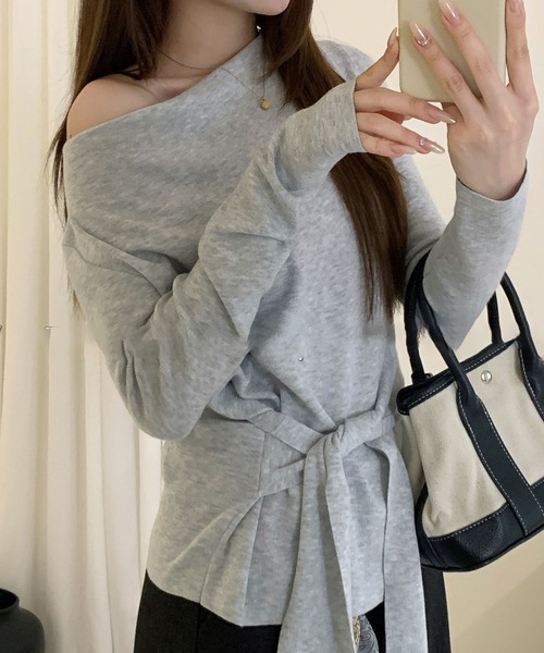 Lace Ladies(レースレディース)の「ウールブレンド サイドギャザー リボンベルト付き 長袖 カットソー(Tシャツ/カットソー・レディース・アイボリー/ブラック/ダークグレー/ライトグレー・FREE)」の12枚目の写真