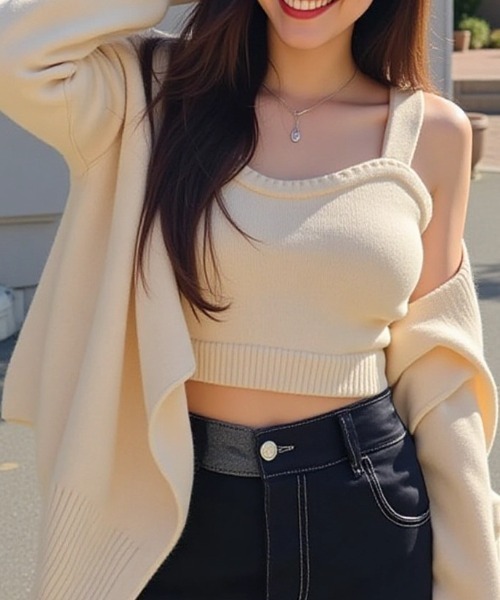 cammie(キャミー)の「ニットビスチェ×カーディガンセット(アンサンブル・レディース・アイボリー/モカ/ブルー・F)」の4枚目の写真