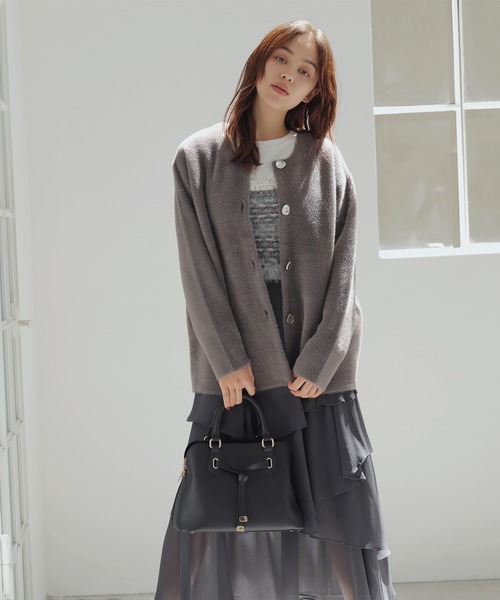 セール】接結メタルボタンミニフェザーニットコート（ノーカラー