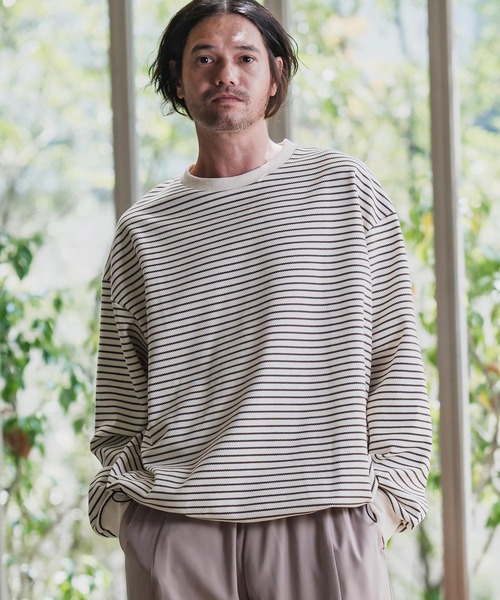 CAMBIO(カンビオ)の「mlt5434-ピンボーダードローコードカットソー(Tシャツ/カットソー・メンズ・ホワイト×グレー/ホワイト×ブラウン/ベージュ系その他/ブラック×ホワイト・M/L/XL)」の3枚目の写真