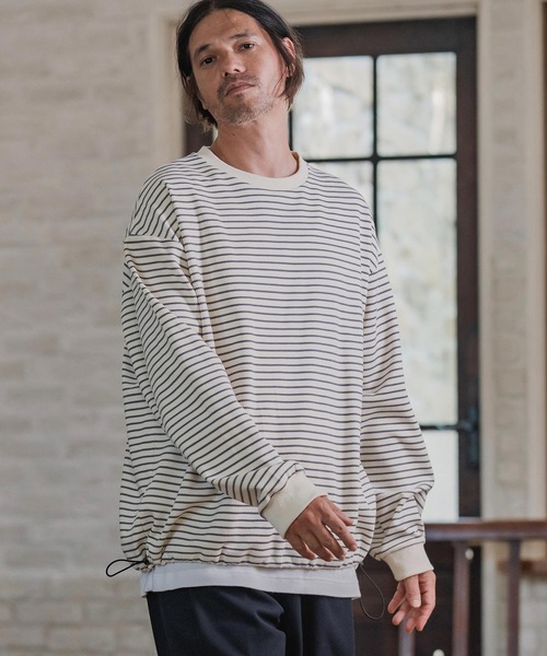 CAMBIO(カンビオ)の「mlt5434-ピンボーダードローコードカットソー(Tシャツ/カットソー・メンズ・ホワイト×グレー/ホワイト×ブラウン/ベージュ系その他/ブラック×ホワイト・M/L/XL)」の2枚目の写真