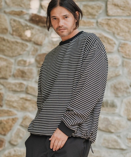 CAMBIO(カンビオ)の「mlt5434-ピンボーダードローコードカットソー(Tシャツ/カットソー・メンズ・ホワイト×グレー/ホワイト×ブラウン/ベージュ系その他/ブラック×ホワイト・M/L/XL)」の12枚目の写真