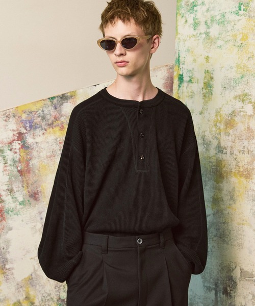 UNISEX》Prime-Over Henry Neck Long Sleeve Waffle T-Shirt