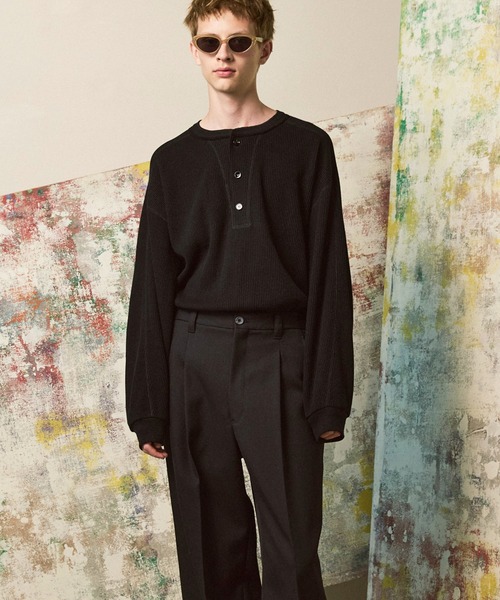 UNISEX》Prime-Over Henry Neck Long Sleeve Waffle T-Shirt/プライム