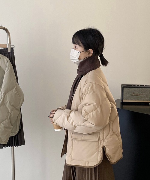 セール】ノーカラーパイピングキルティングジャケット（ダウン