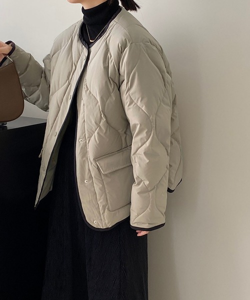 専用♡F8. BEIGE, 【WEB限定 ◆EIGERキルティングジャケット】 ノーカラーパイピングキルティングジャケット（ダウンジャケット