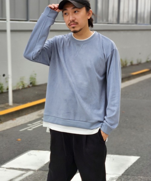 NO NEED(ノーニード)の「フェイクスエードレイヤード(Tシャツ/カットソー・メンズ・ブルー/グリーン/ライトグレー/マスタード/チャコール・LL/L/M/S)」の1枚目の写真