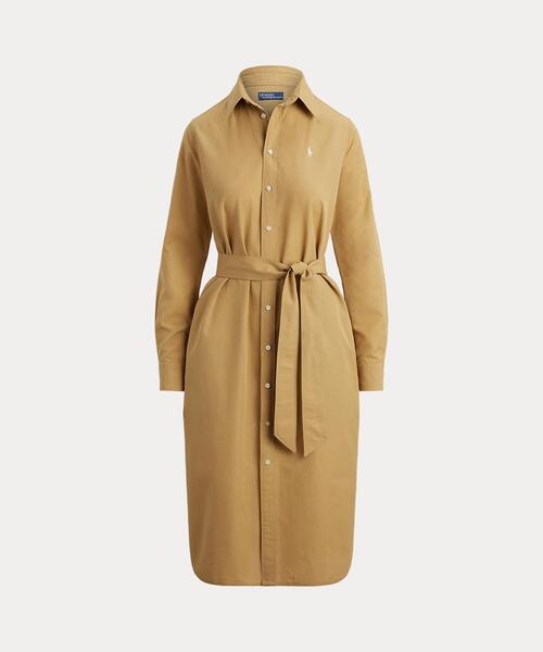 美品✨ポロラルフローレン ベルテッドシャツワンピース ポニー刺繍 ベージュ 2 美品】ラルフローレン、ポニーシャツワンピースベージュ フレアAライン