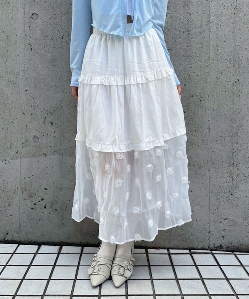 3.3 Field Trip （3.3フィールドトリップ）の「3.3 Field Trip／シアーヘムティアードロングスカート（スカート・レディース・ブラック/ホワイト・FREE）」の2枚目の写真