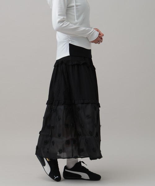 3.3 Field Trip （3.3フィールドトリップ）の「3.3 Field Trip／シアーヘムティアードロングスカート（スカート・レディース・ブラック/ホワイト・FREE）」の10枚目の写真