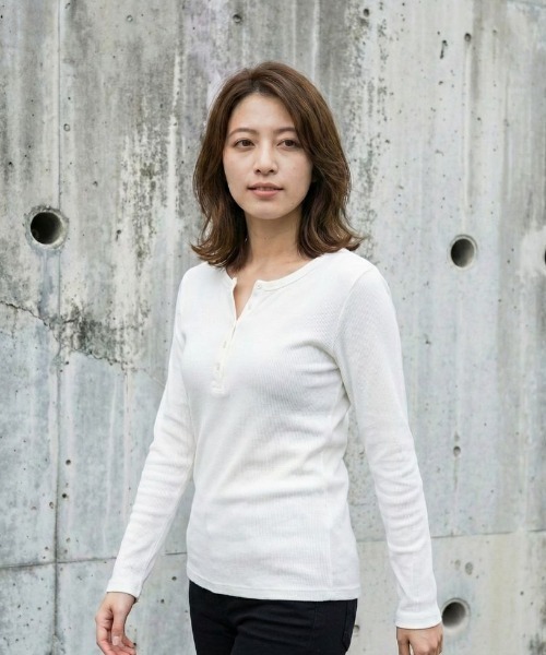 Belle Cie(ベルシー)の「ヘンリーネックTシャツ|この首元がちょうどいい ロンT リブ 長袖カットソー レディース(Tシャツ/カットソー・レディース・グレー/ホワイト/ピンク/ブラック・S/L/XXXL/XL/XXL/M)」の8枚目の写真
