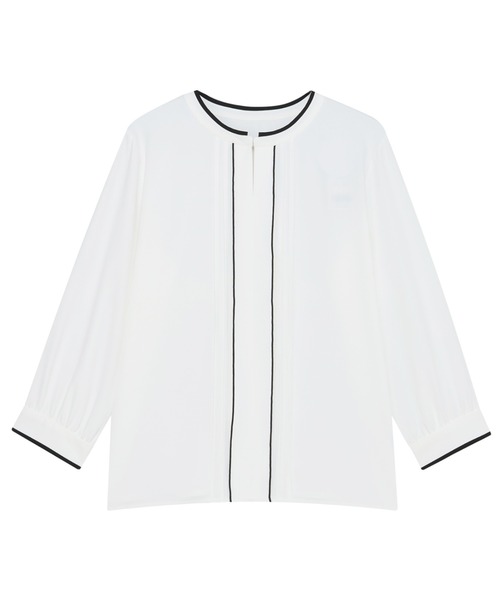 TOKYO SHIRTS(トウキョウシャツ)の「ストレッチジョーゼット 配色クルーネック タックブラウス 七分袖 レディース(シャツ/ブラウス・レディース・ホワイト/グレー・L/M)」の1枚目の写真
