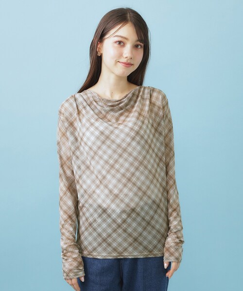 index(インデックス)の「シアーチェックドレープネックトップス【洗濯機OK】(Tシャツ/カットソー・レディース・グレー系1/ベージュ系1/パープル系1・00)」の17枚目の写真