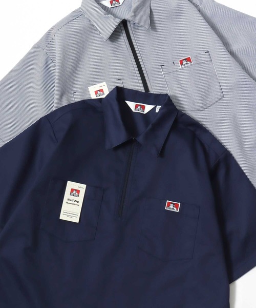 BEN DAVIS（ベンデイビス）の「BEN DAVIS/ベンデイビス 1/2 ZIP SS SHIRT/オーバーサイズ TCツイル ワーク ハーフジップ 半袖シャツ/レディース メンズ（シャツ/ブラウス・メンズ・ブラック/ベージュ/ストライプ/ネイビー・M/XL/L）」の3枚目の写真