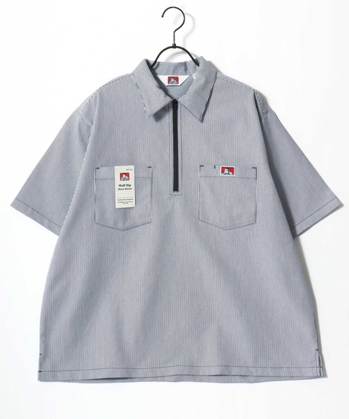 BEN DAVIS（ベンデイビス）の「BEN DAVIS/ベンデイビス 1/2 ZIP SS SHIRT/オーバーサイズ TCツイル ワーク ハーフジップ 半袖シャツ/レディース メンズ（シャツ/ブラウス・メンズ・ブラック/ベージュ/ストライプ/ネイビー・M/XL/L）」の12枚目の写真
