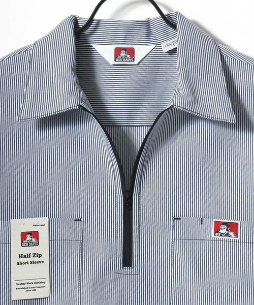 BEN DAVIS（ベンデイビス）の「BEN DAVIS/ベンデイビス 1/2 ZIP SS SHIRT/オーバーサイズ TCツイル ワーク ハーフジップ 半袖シャツ/レディース メンズ（シャツ/ブラウス・メンズ・ブラック/ベージュ/ストライプ/ネイビー・M/XL/L）」の15枚目の写真