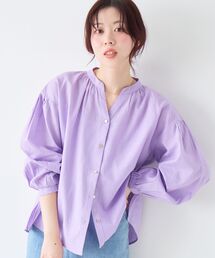 麻コットンスタンドカラーブラウス