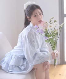 flill design stripe shirt tunic / フリルデザインストライプシャツチュニック