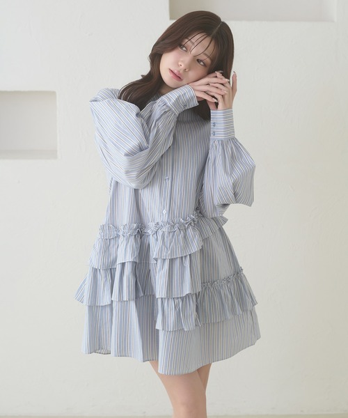 セール】flill design stripe shirt tunic / フリルデザインストライプ
