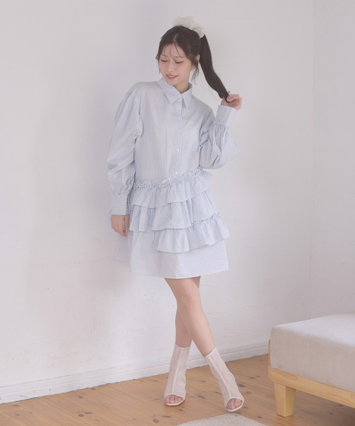Ambre Neige（アンブルネージュ）の「flill design stripe shirt tunic / フリルデザインストライプシャツチュニック（チュニック・レディース・ライトホワイト/ベージュ/サックスブルー・FREE）」の10枚目の写真