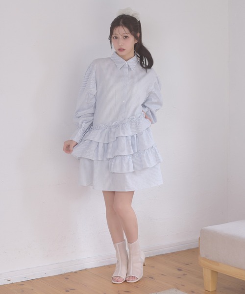 Ambre Neige（アンブルネージュ）の「flill design stripe shirt tunic / フリルデザインストライプシャツチュニック（チュニック・レディース・ライトホワイト/ベージュ/サックスブルー・FREE）」の11枚目の写真