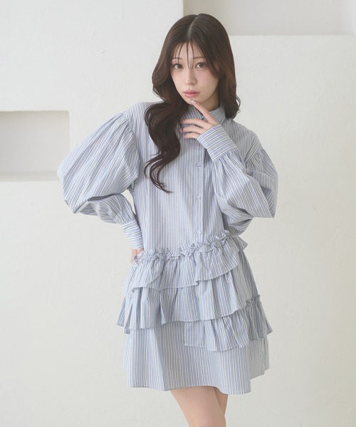 Ambre Neige（アンブルネージュ）の「flill design stripe shirt tunic / フリルデザインストライプシャツチュニック（チュニック・レディース・ライトホワイト/ベージュ/サックスブルー・FREE）」の22枚目の写真