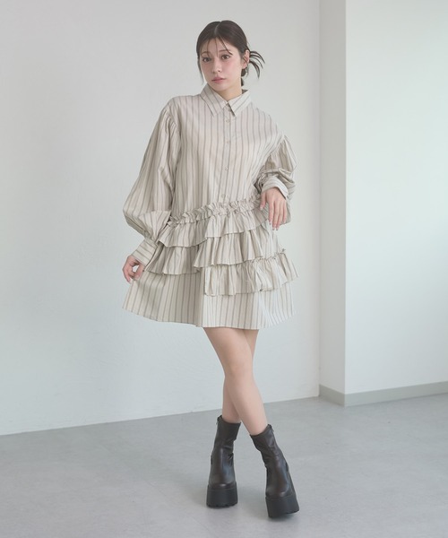 Ambre Neige（アンブルネージュ）の「flill design stripe shirt tunic / フリルデザインストライプシャツチュニック（チュニック・レディース・ライトホワイト/ベージュ/サックスブルー・FREE）」の18枚目の写真