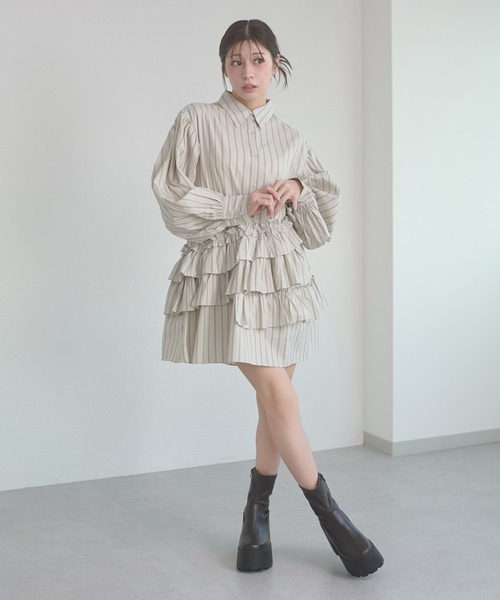 Ambre Neige（アンブルネージュ）の「flill design stripe shirt tunic / フリルデザインストライプシャツチュニック（チュニック・レディース・ライトホワイト/ベージュ/サックスブルー・FREE）」の19枚目の写真