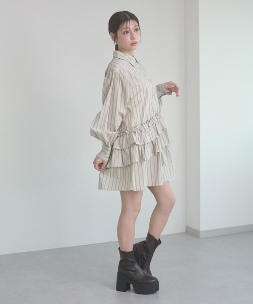 Ambre Neige（アンブルネージュ）の「flill design stripe shirt tunic / フリルデザインストライプシャツチュニック（チュニック・レディース・ライトホワイト/ベージュ/サックスブルー・FREE）」の20枚目の写真
