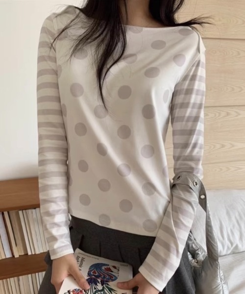 LADY LIKE(レディライク)の「ドットボーダー切替え長袖Tシャツ(Tシャツ/カットソー・レディース・ホワイト・M)」の1枚目の写真