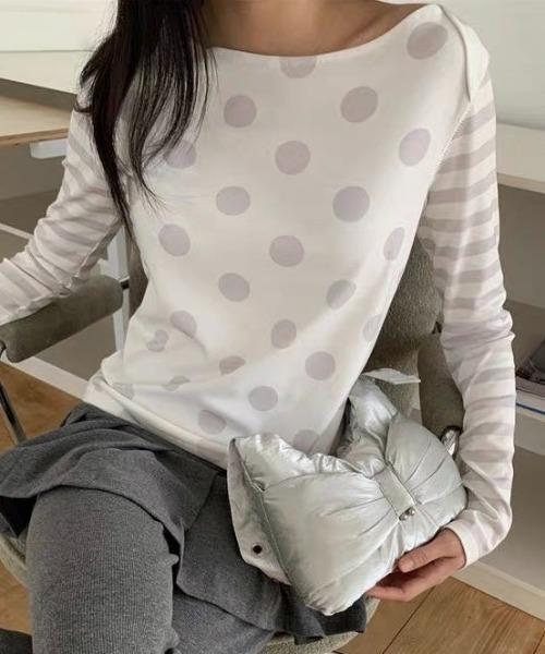 LADY LIKE(レディライク)の「ドットボーダー切替え長袖Tシャツ(Tシャツ/カットソー・レディース・ホワイト・M)」の4枚目の写真