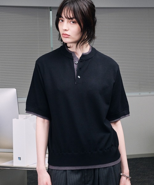 selle glant(セレグランテ)の「LAYERED STYLE HENRY NECK KNIT/レイヤードスタイルヘンリーネックニット(ニット/セーター・メンズ・ブラック系1/ブラック系/ブラック・SMALL/LARGE/MEDIUM)」の2枚目の写真