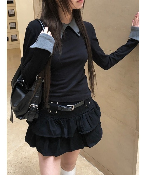 anyonemore(エニワンモア)の「ティアードフリルミニスカート+ベルトセット(スカート・レディース・ブラック・LARGE/MEDIUM/SMALL)」の4枚目の写真