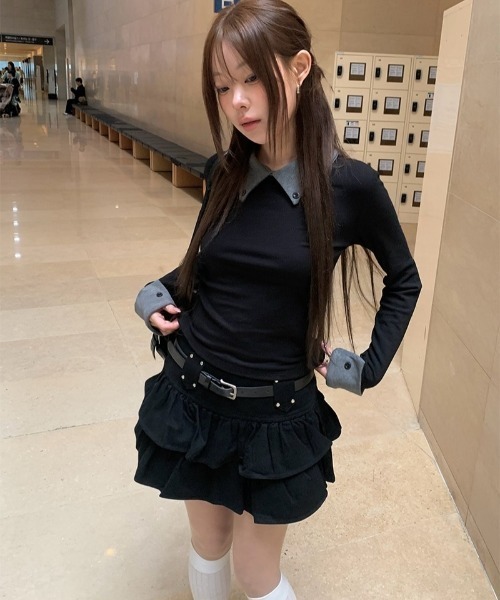 anyonemore(エニワンモア)の「ティアードフリルミニスカート+ベルトセット(スカート・レディース・ブラック・LARGE/MEDIUM/SMALL)」の6枚目の写真