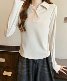 リブポロカラーロングスリーブトップス