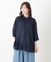 ドットプリント前開き7分袖チュニックブラウス