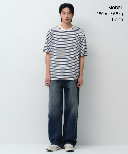 MUSINSA STANDARD（ムシンサスタンダード）の「マルチストライプリラックスドTシャツ5 [アイボリー]（Tシャツ/カットソー・メンズ・その他・MEDIUM/LARGE/X-LARGE/2XL/3XL/SMALL）」の2枚目の写真