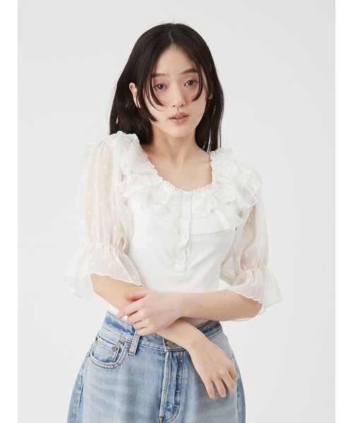 LILY BROWN（リリーブラウン）の「【LILY BROWN Lingerie】レーシーパフスリーブボディスーツ（その他アンダーウェア/インナー・レディース・ブラック/ホワイト・F）」の8枚目の写真