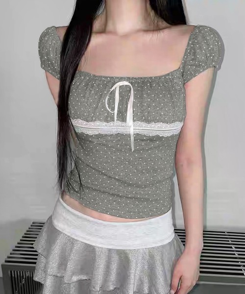 セール】ドット柄リボン×レースデザインパフスリーブトップス（Tシャツ