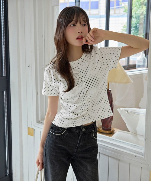 UNE MANSION（ユヌマンション）の「【UNE ORIGINAL】ユニークフロント切り替えシャーリングドット半袖Tシャツカットソー（Tシャツ/カットソー・レディース・グレー/ピンク/アイボリー/ブラック・FREE）」の20枚目の写真
