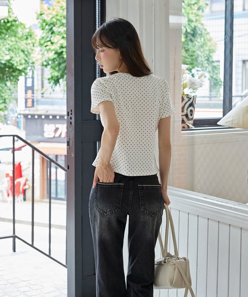 UNE MANSION（ユヌマンション）の「【UNE ORIGINAL】ユニークフロント切り替えシャーリングドット半袖Tシャツカットソー（Tシャツ/カットソー・レディース・グレー/ピンク/アイボリー/ブラック・FREE）」の18枚目の写真