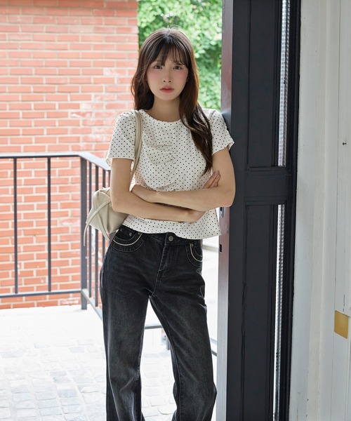 UNE MANSION（ユヌマンション）の「【UNE ORIGINAL】ユニークフロント切り替えシャーリングドット半袖Tシャツカットソー（Tシャツ/カットソー・レディース・グレー/ピンク/アイボリー/ブラック・FREE）」の17枚目の写真