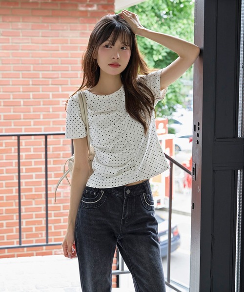 UNE MANSION（ユヌマンション）の「【UNE ORIGINAL】ユニークフロント切り替えシャーリングドット半袖Tシャツカットソー（Tシャツ/カットソー・レディース・グレー/ピンク/アイボリー/ブラック・FREE）」の16枚目の写真
