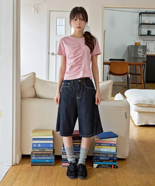 UNE MANSION（ユヌマンション）の「【UNE ORIGINAL】ユニークフロント切り替えシャーリングドット半袖Tシャツカットソー（Tシャツ/カットソー・レディース・グレー/ピンク/アイボリー/ブラック・FREE）」の7枚目の写真