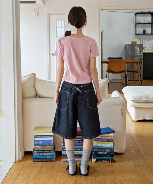 UNE MANSION（ユヌマンション）の「【UNE ORIGINAL】ユニークフロント切り替えシャーリングドット半袖Tシャツカットソー（Tシャツ/カットソー・レディース・グレー/ピンク/アイボリー/ブラック・FREE）」の5枚目の写真