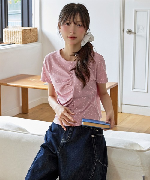 UNE MANSION（ユヌマンション）の「【UNE ORIGINAL】ユニークフロント切り替えシャーリングドット半袖Tシャツカットソー（Tシャツ/カットソー・レディース・グレー/ピンク/アイボリー/ブラック・FREE）」の9枚目の写真