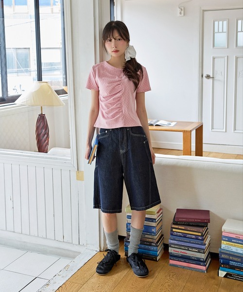 UNE MANSION（ユヌマンション）の「【UNE ORIGINAL】ユニークフロント切り替えシャーリングドット半袖Tシャツカットソー（Tシャツ/カットソー・レディース・グレー/ピンク/アイボリー/ブラック・FREE）」の22枚目の写真