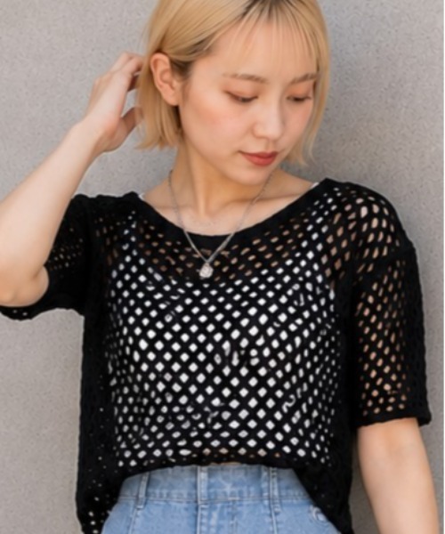 GORGE(ゴージ)の「半袖透かし編みニット(ニット/セーター・レディース・グリーン/ブラック/オフホワイト・F)」の2枚目の写真