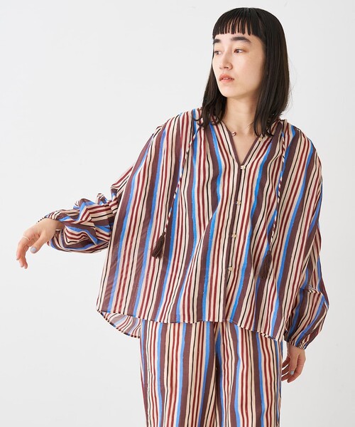collex（コレックス）の「ブロックプリント ユラギ ストライプブラウス（シャツ/ブラウス・レディース・セージグリーン/ダークブラウン・フリー）」の2枚目の写真