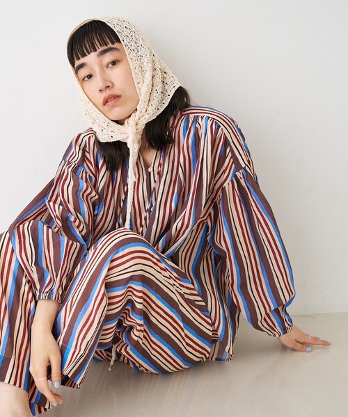 collex（コレックス）の「ブロックプリント ユラギ ストライプブラウス（シャツ/ブラウス・レディース・セージグリーン/ダークブラウン・フリー）」の3枚目の写真